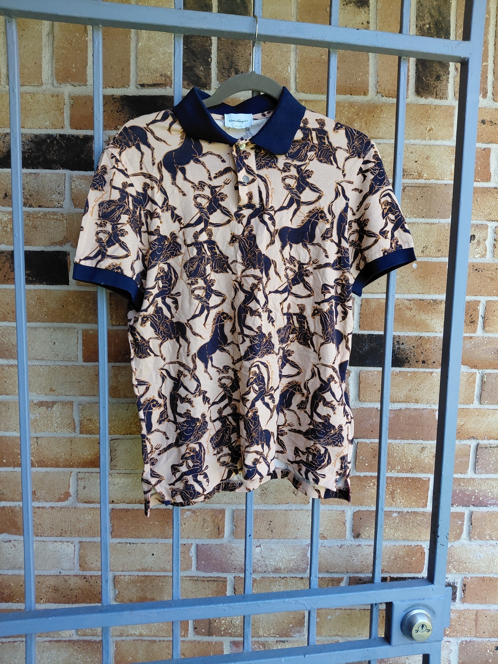 Salvatore Ferragamo Beige Polo with Navy Horse Print (#A11)